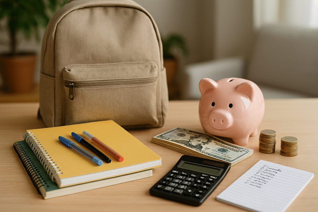Escritorio con material escolar como por ejemplo una mochila y una calculadora. Prepárate para la vuelta al cole 2025